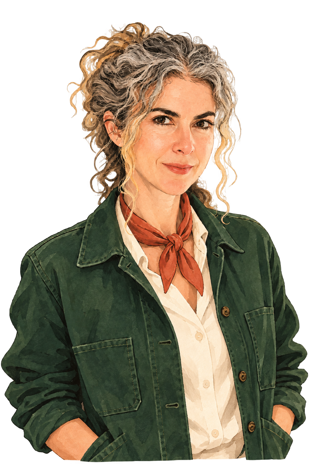 Illustrated portrait of Tanya with curly salt-and-pepper hair, a green jacket and terracotta scarf